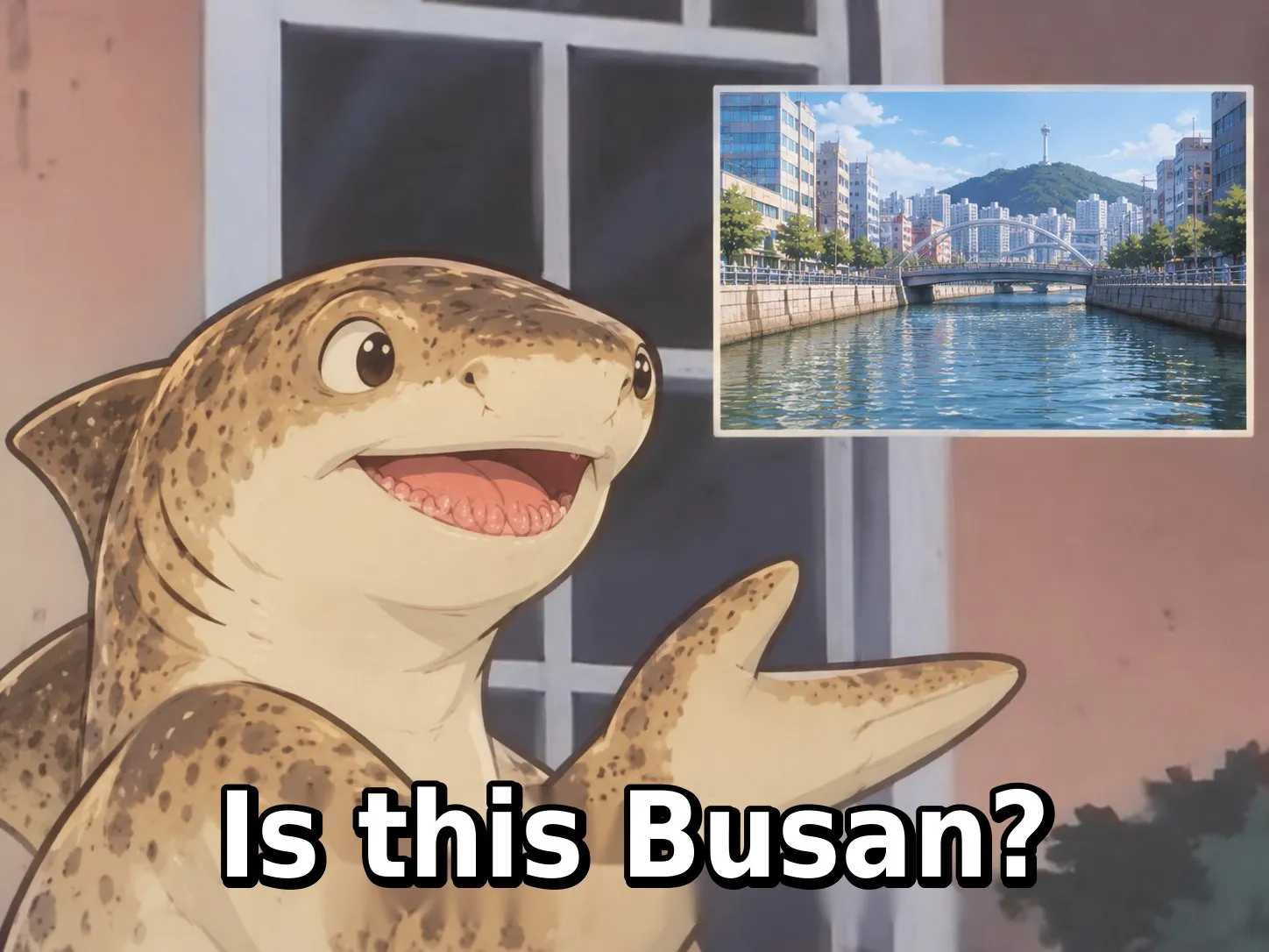 “Is this Busan?” — anime-style Bukangi pointing at a canal postcard